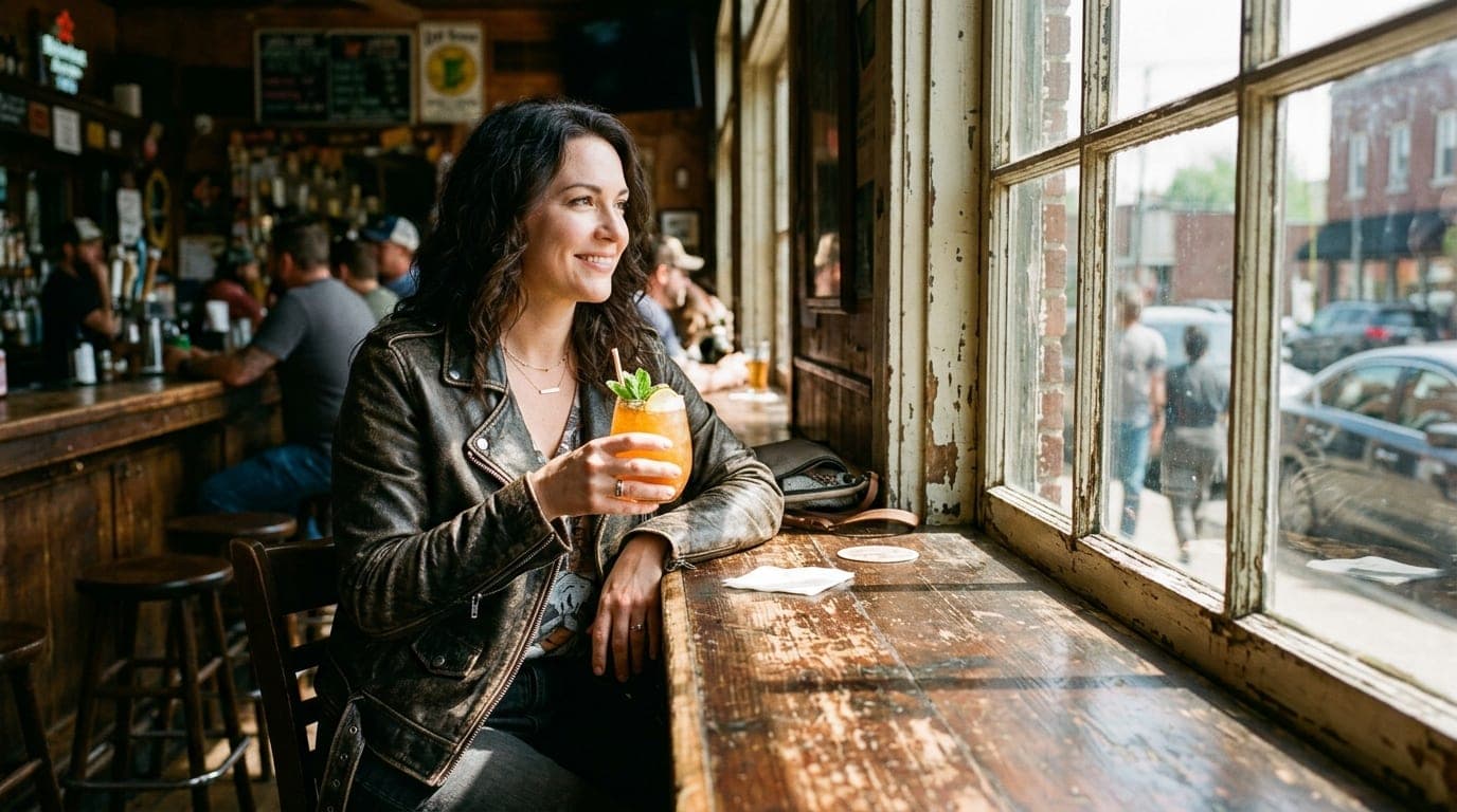 A leather-jacketed woman sits offset left at a North Mississippi bar, holding a glowing tiki cocktail. Bright noon sunligh...