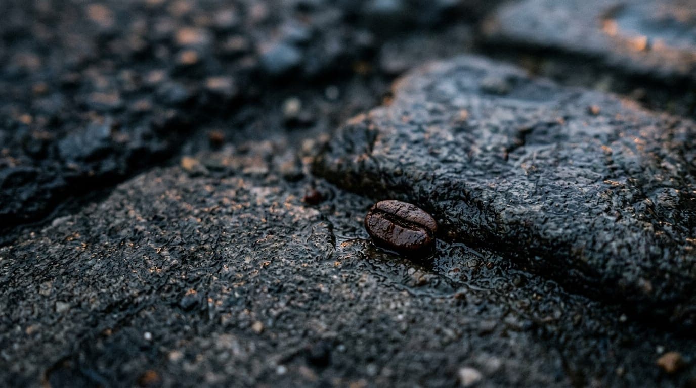 An overhead flat-lay, 100mm macro shot captures the damp, worn texture of a Mississippi Avenue sidewalk at overcast dawn,...