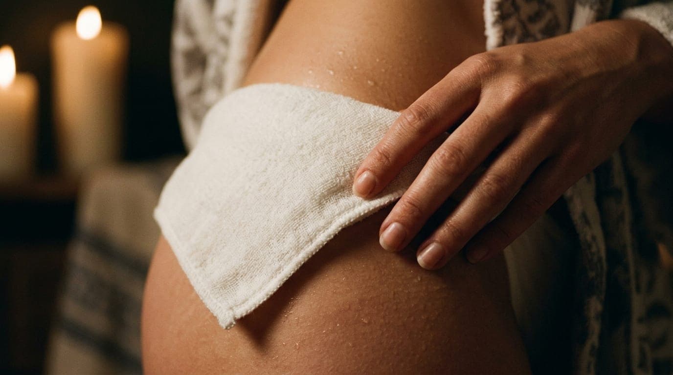 A soft, white cotton washcloth rests against warm, damp skin. A hand with neatly trimmed nails gently traces the curve of...
