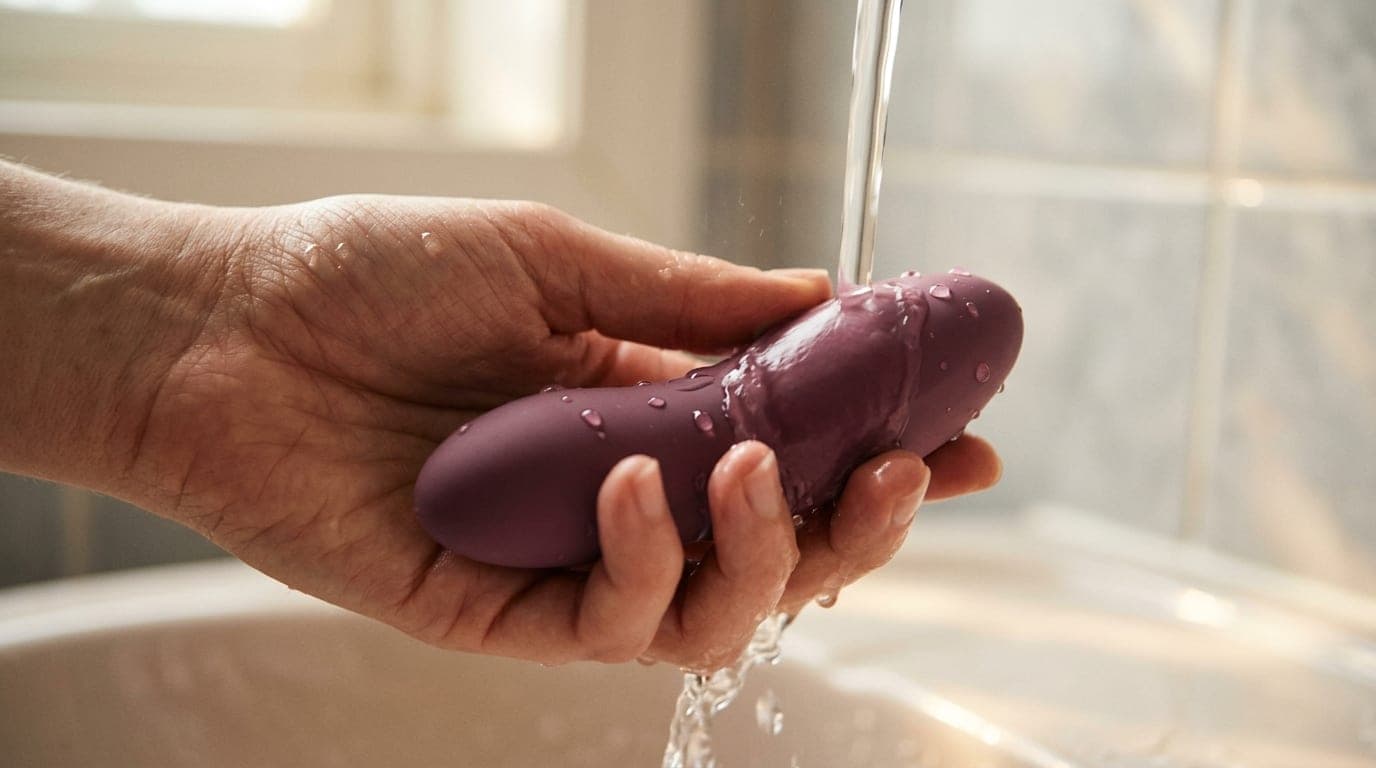 A close-up of a hand holding a sleek, silicone toy under a warm stream of water. Sunlight illuminates the shimmering dropl...