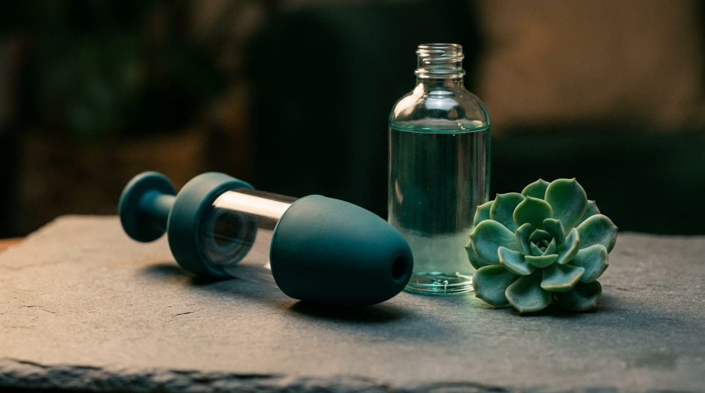 A vacuum tumescence device and a bottle of medical-grade lubricant rest on a matte slate surface next to a single succulen...