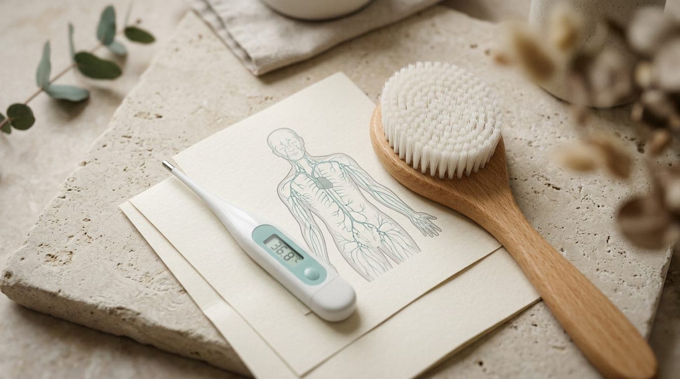 An overhead flat-lay of a clinical thermometer, a soft-bristled medical-grade massage brush, and a sterile anatomical diag...