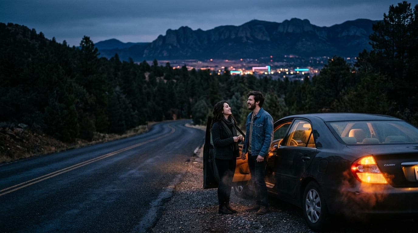 A man and a woman stand by an idling sedan on a dark, tree-lined road between Prescott and Chino Valley. Warm interior car...