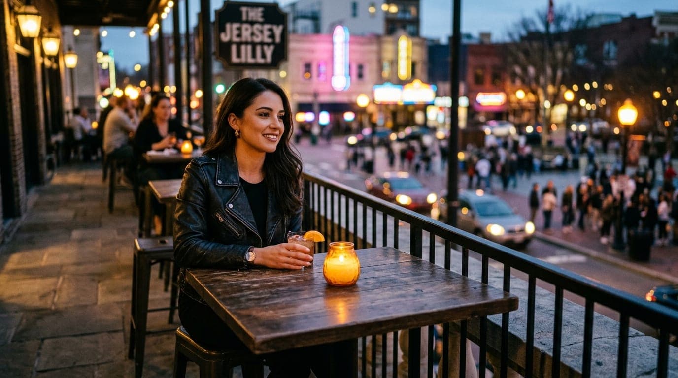 A woman in a leather jacket sits at a high-top table at The Jersey Lilly balcony, soft candle-light illuminating her face...