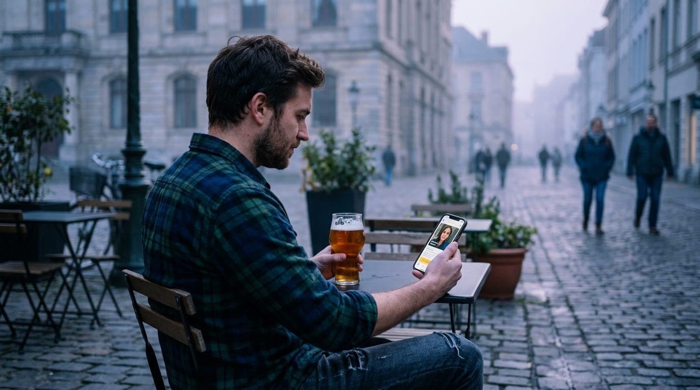 A man in a flannel shirt and hiking boots sits at an outdoor table near Courthouse Square, reviewing a Bumble profile on h...