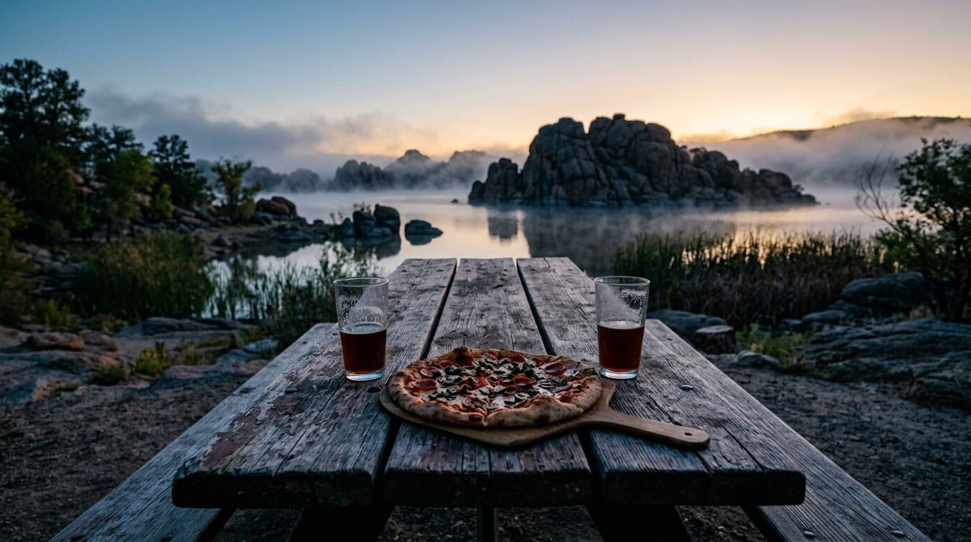 A low-angle, 24mm wide-angle shot centered on a rustic wooden picnic table at Watson Lake, holding two half-empty craft be...