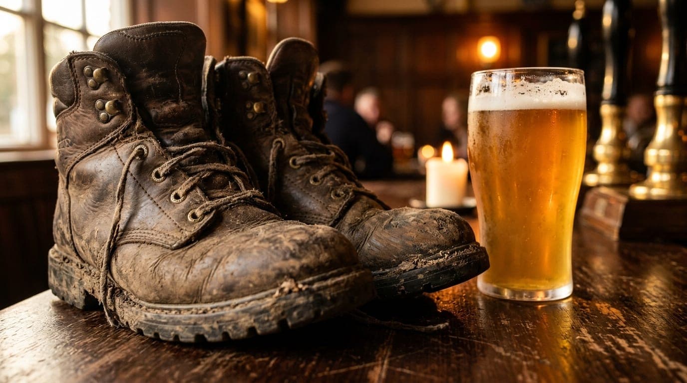 Extreme macro, 100mm lens. A pair of worn, dust-caked leather hiking boots resting on a dark wood bar top. A single craft...