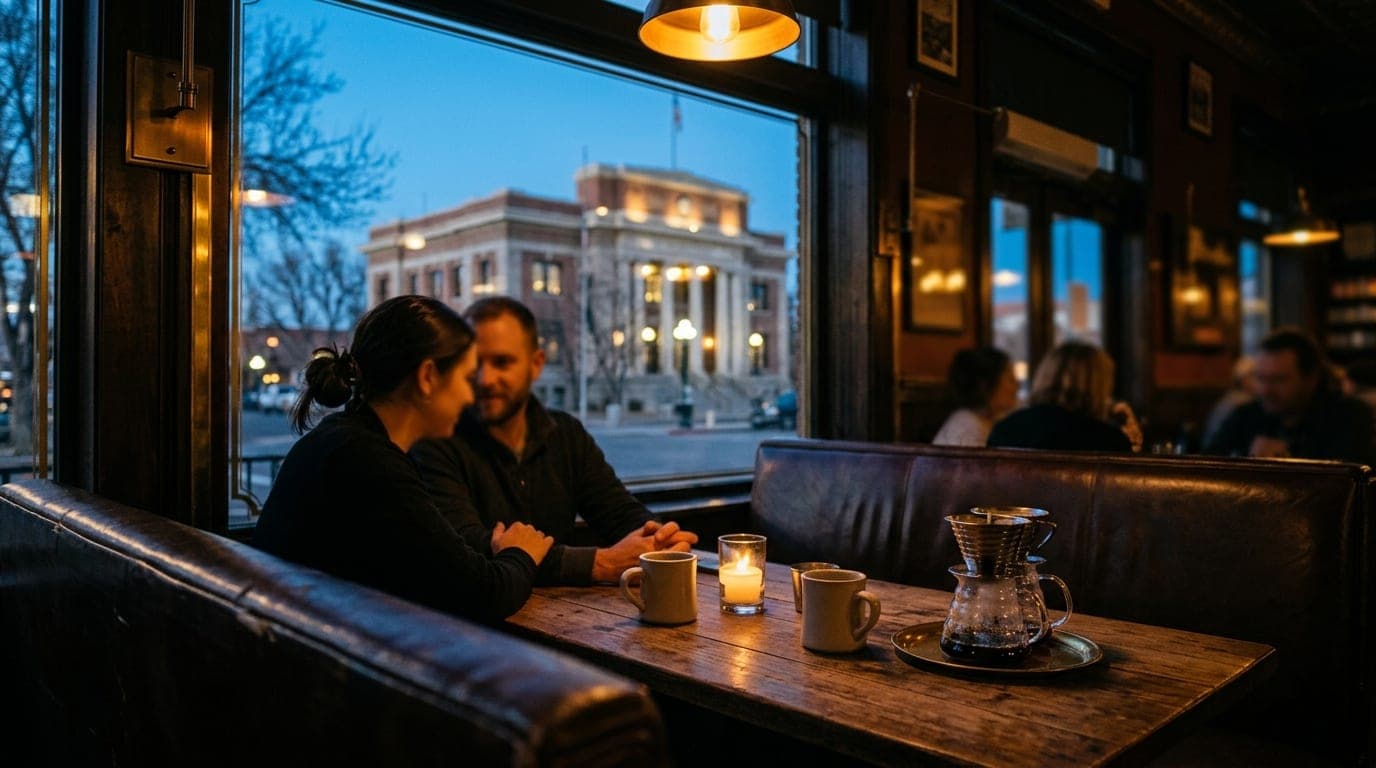 Over-the-shoulder view from a dark leather booth at The Raven Cafe. Through the window, the Prescott Courthouse Square glo...