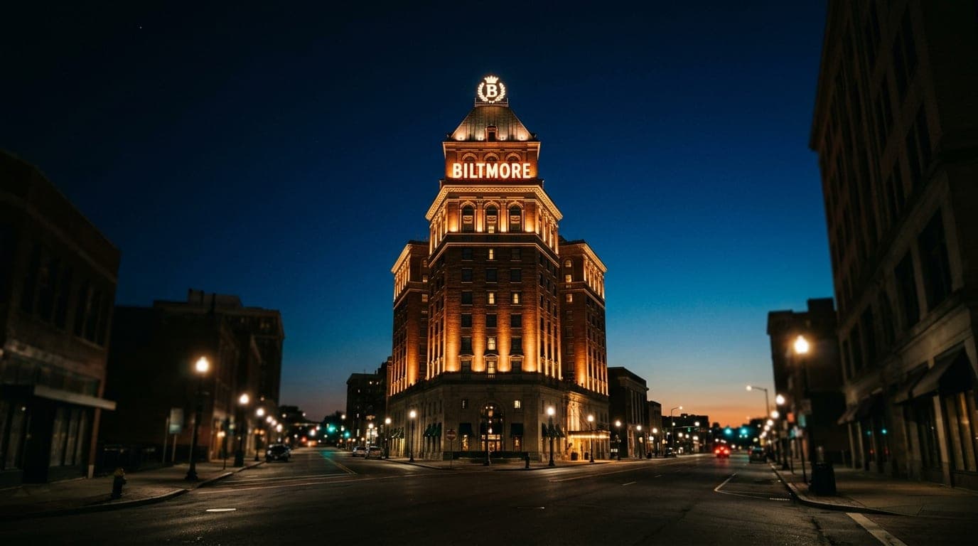 A low-angle, wide-shot perspective of the illuminated Biltmore Hotel tower rising against a deep midnight sky, centered in...