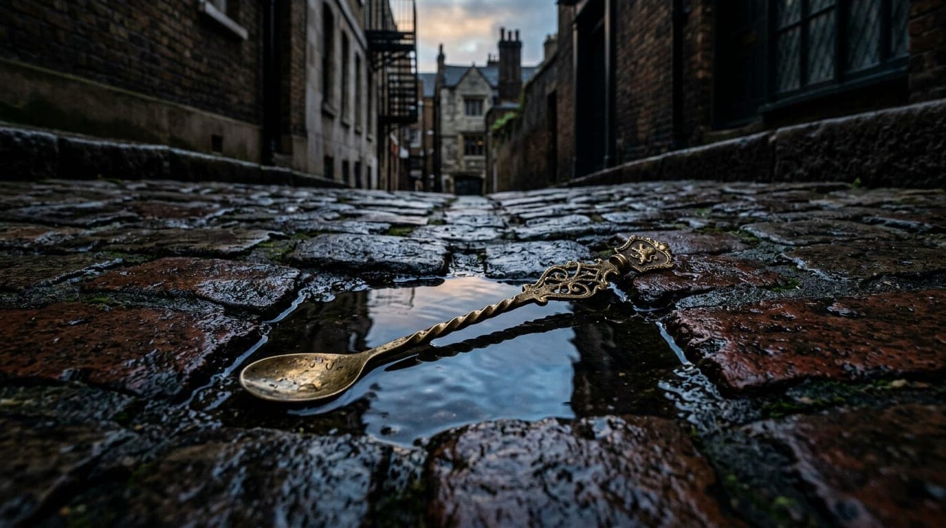 Overhead flat-lay 100mm macro shot of weathered brick alleyway cobblestones in the West End at overcast dawn, focusing on...