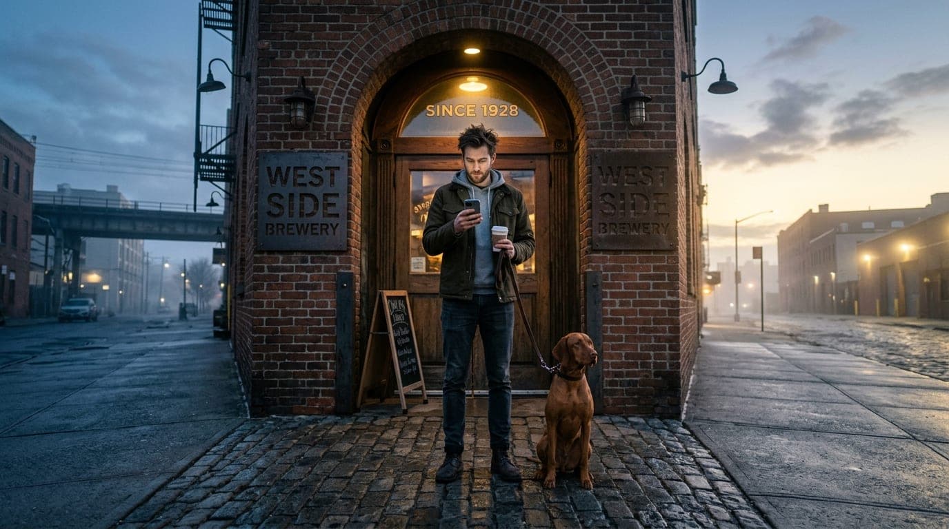 A low-angle, wide-angle shot of a man holding a leash and a latte, standing at the brick-walled entrance of a West Side in...