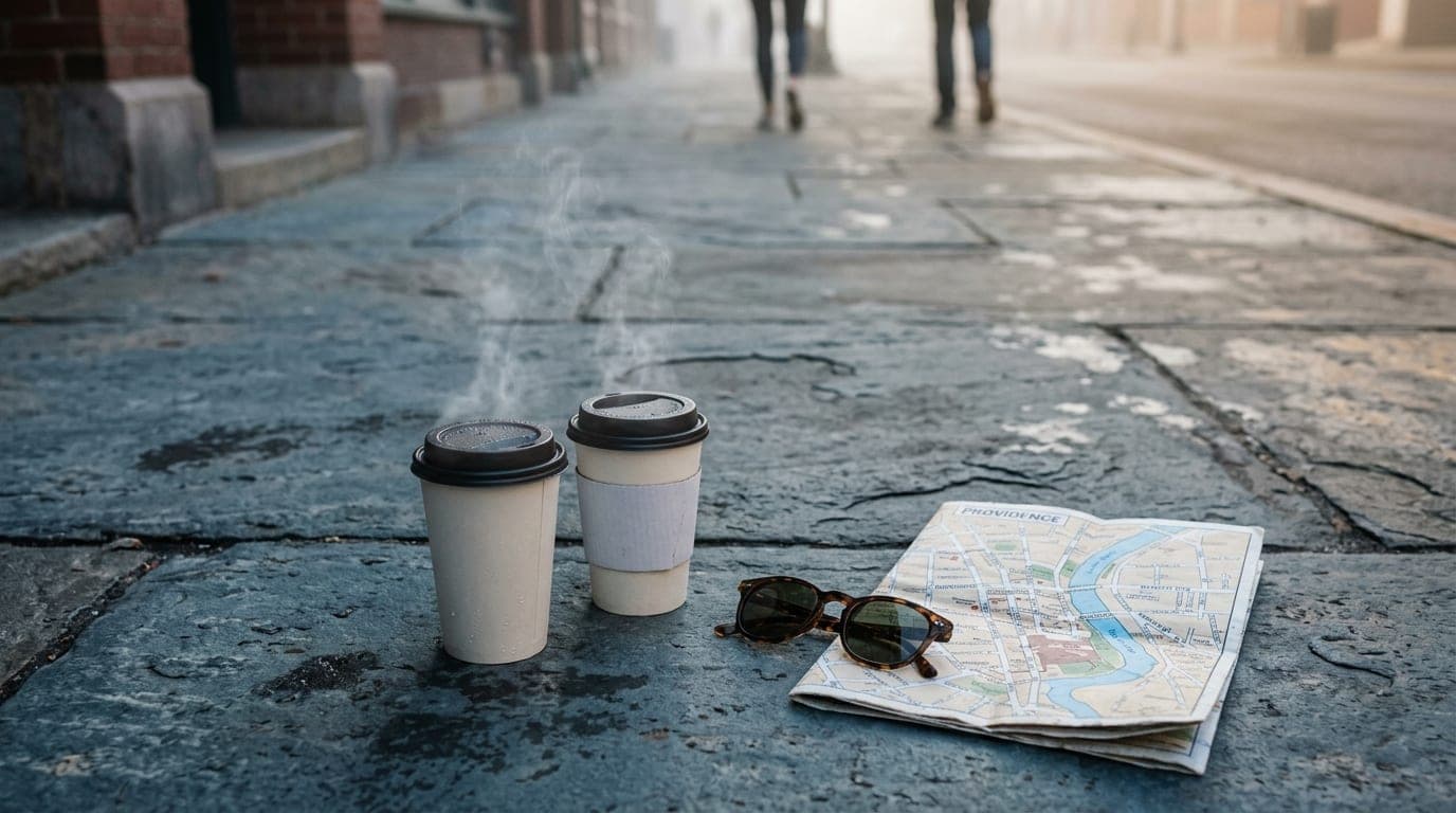 An overhead flat-lay on a weathered Wickenden Street sidewalk showing two steaming paper coffee cups, a pair of vintage su...