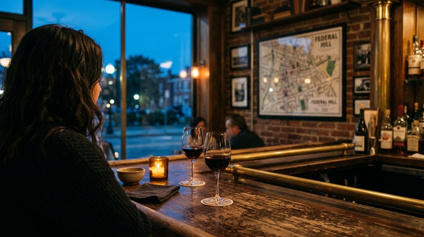Over-the-shoulder view at The Slow Rhode. Two glasses of wine sit on a worn wooden bar, blue hour light filtering through...
