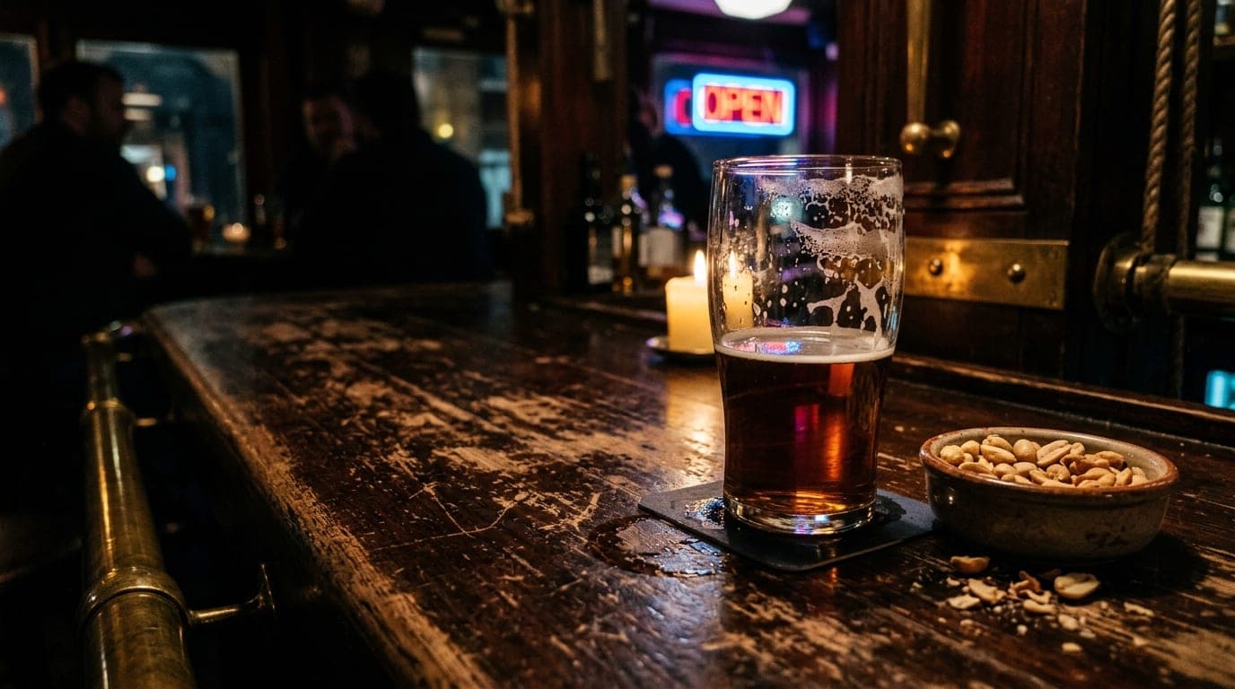 Low-angle hero shot of a half-finished pint of beer and a bowl of peanuts on the scarred, dim wooden bar at Captain Seawee...