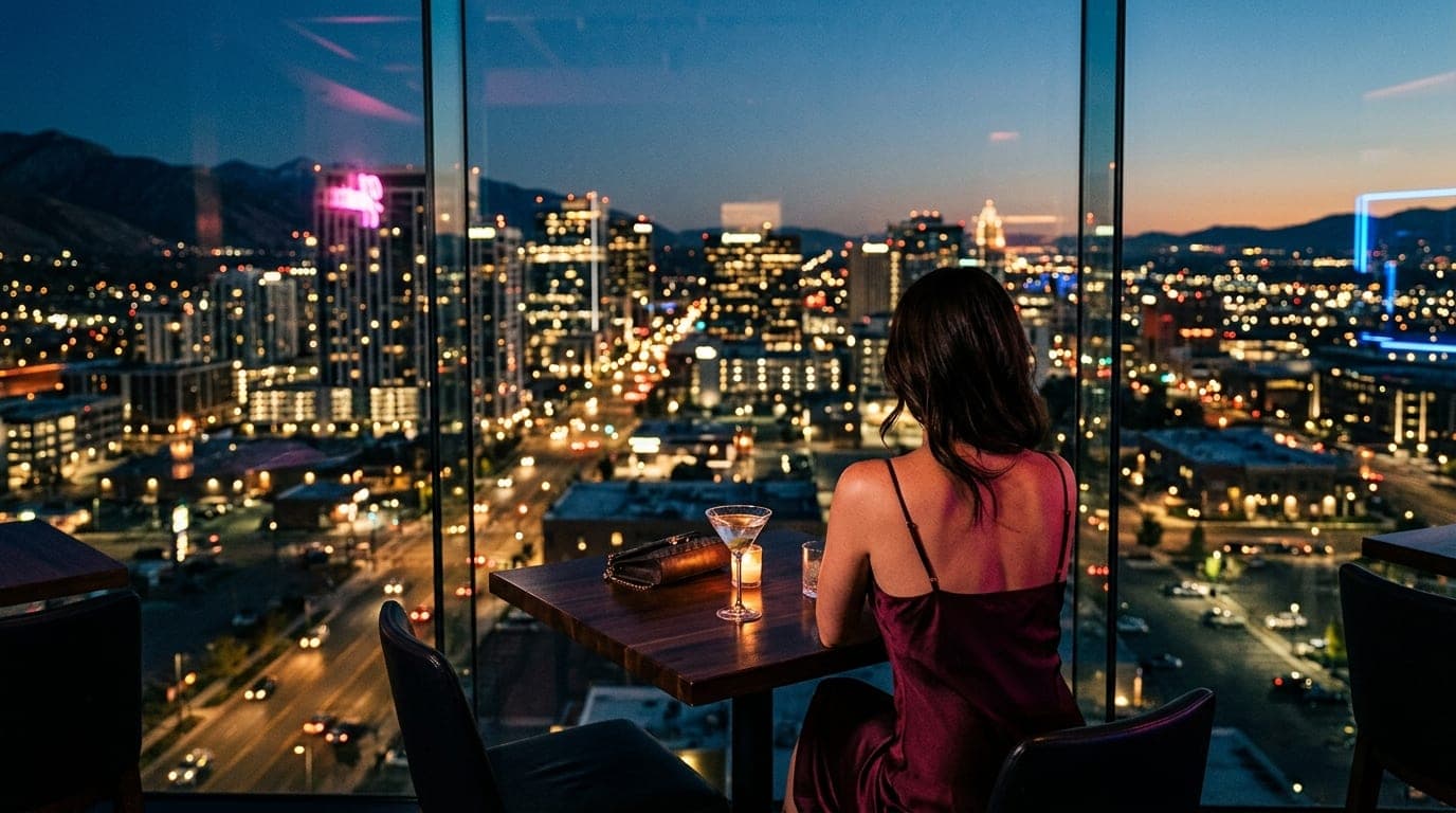 An over-the-shoulder view from a high-rise hotel lounge, looking out at the glittering Lehi skyline at blue hour. A woman...