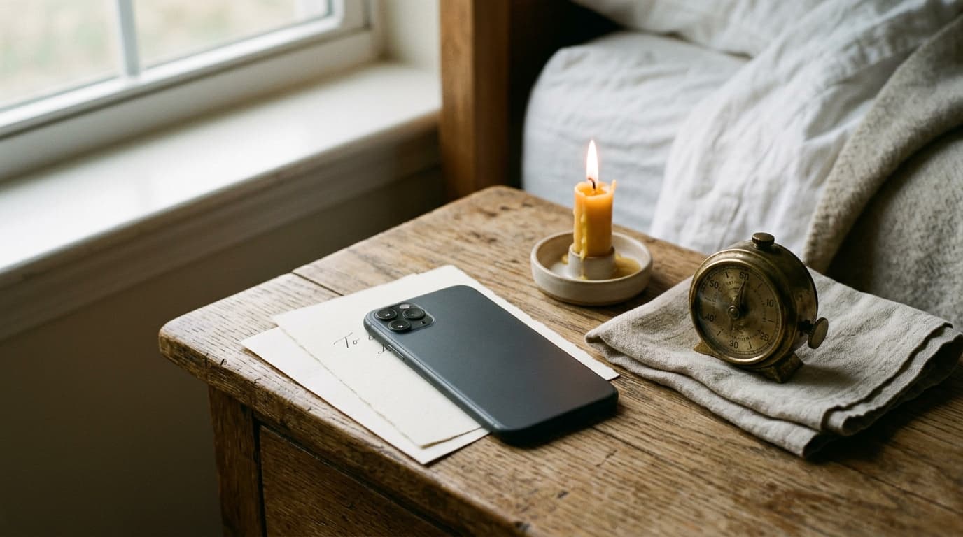 A smartphone lies face-down on a wooden bedside table, partially obscuring a handwritten note with the word "Tonight" visi...