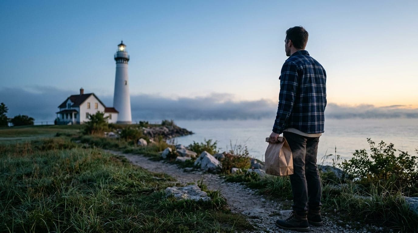 A man in a navy flannel shirt stands by the Wind Point Lighthouse at blue hour, holding a paper bag from a local bakery, c...