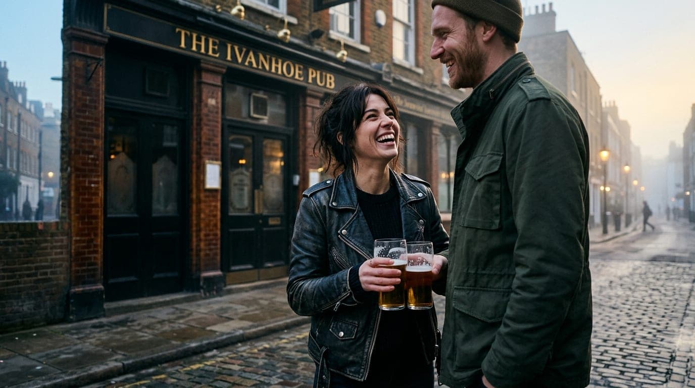 Low-angle hero shot of a couple standing outside the Ivanhoe Pub. A woman in a black leather jacket laughs as she holds tw...