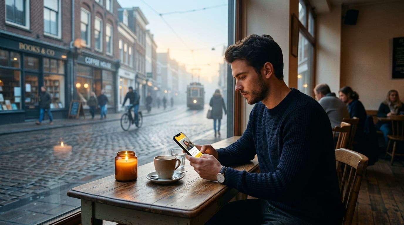 A medium shot with tilt-shift blur shows a man in a navy sweater at a candle-lit cafe table on Main Street, checking his B...