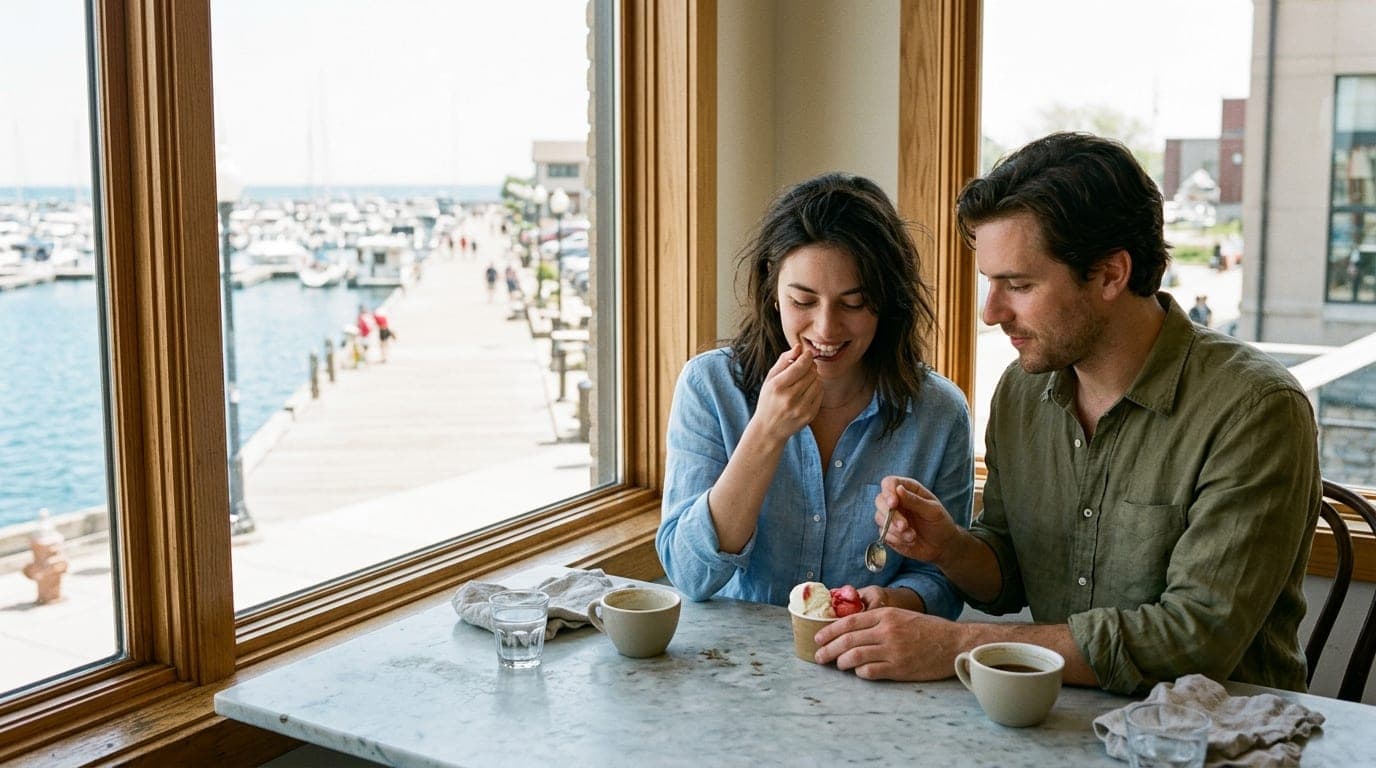 A couple in casual linen shirts shares a gelato cup at a marble cafe table. Outside the window, the bright Racine marina b...