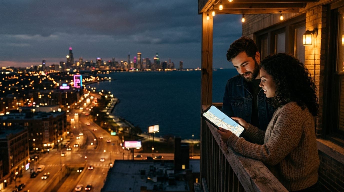 A couple stands on a darkened beach balcony overlooking Lake Michigan, warm tungsten lights framing them, as they study a...
