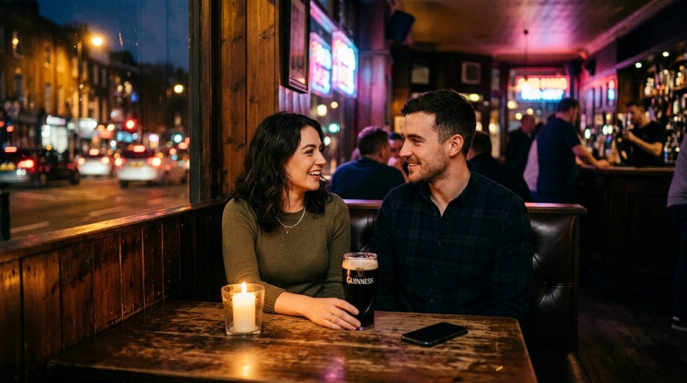 A couple sits at a candle-lit corner booth in a dark pub. A pint of Guinness and a smartphone rest on the wood table, shal...