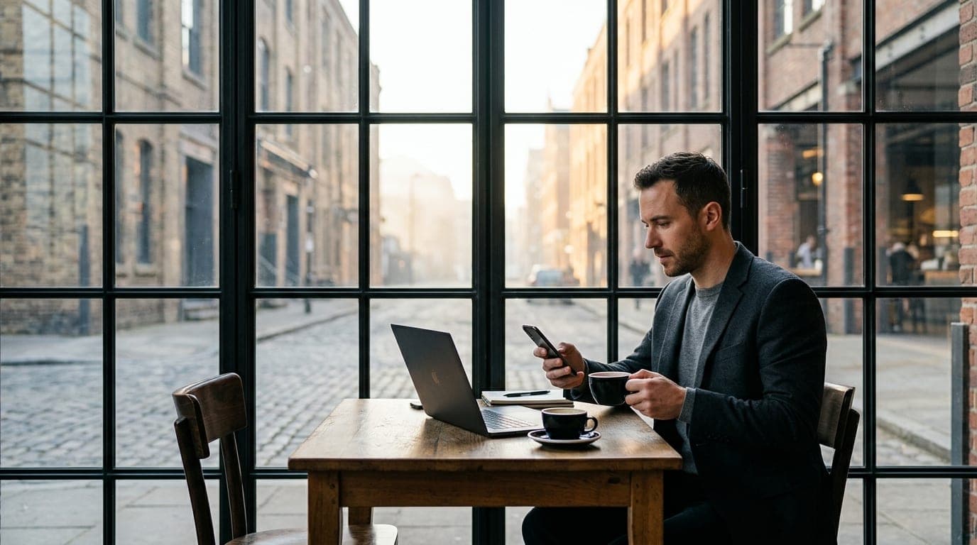 A man in a crisp charcoal blazer checks his smartphone at a sunlit warehouse district cafe table, holding a black coffee b...