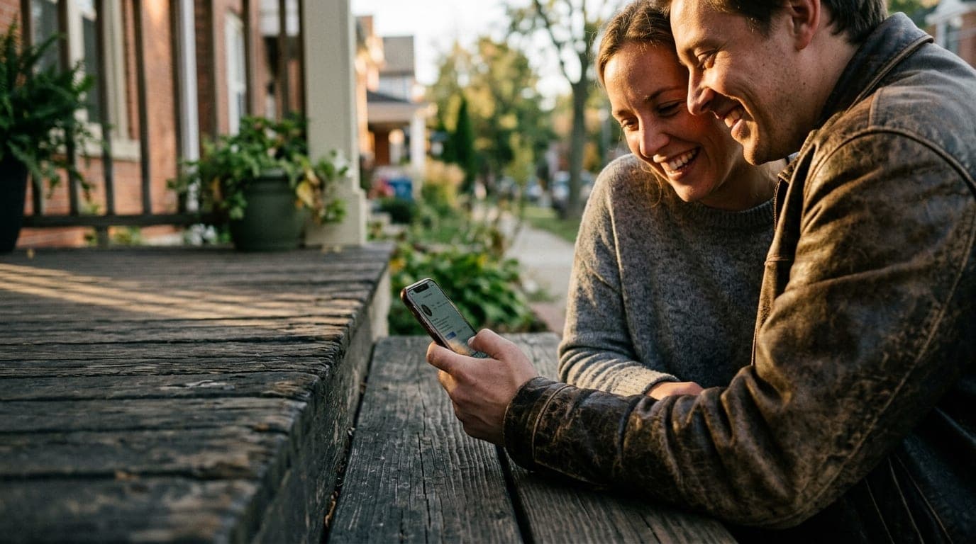 A 35mm documentary shot at golden hour: a couple sits on a weathered Oakwood porch step, one in a vintage leather jacket,...