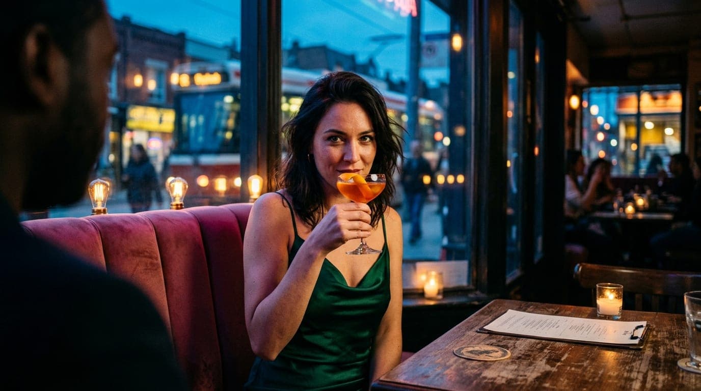 Blue hour light spills over a plush velvet booth at Aunty Betty’s. A woman in a silk slip dress sips a glowing cocktail, h...