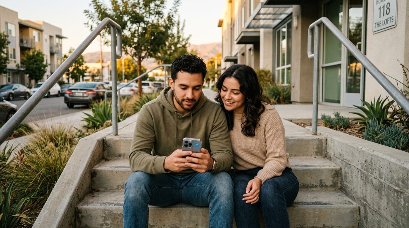 A 24mm wide-angle, centered shot of a couple sitting on the concrete steps of a modern Rancho Cucamonga loft at golden hou...