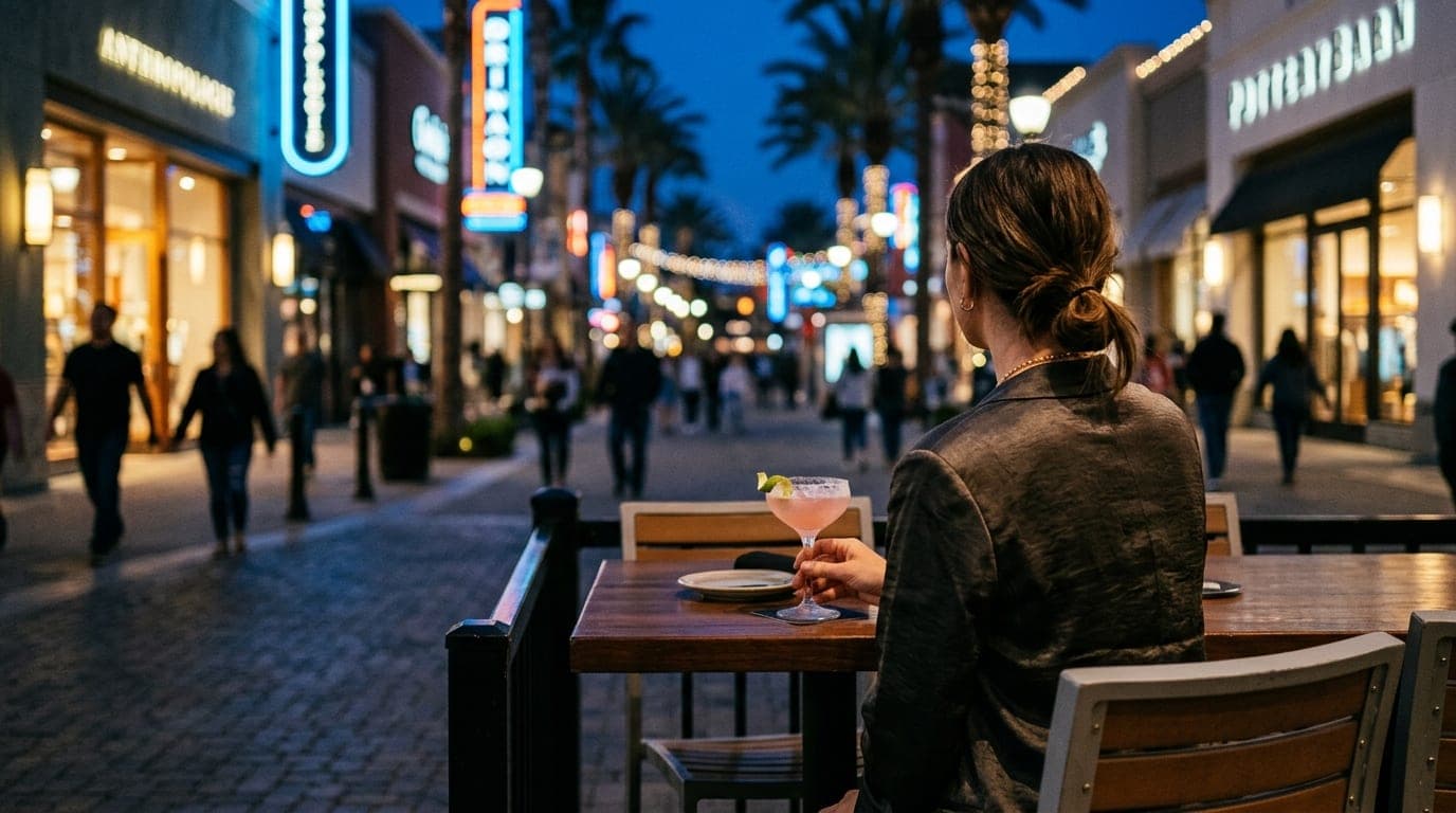 Over-the-shoulder view of a woman in a silk blazer, holding a cocktail at a high-top table at The Yard House, looking out...