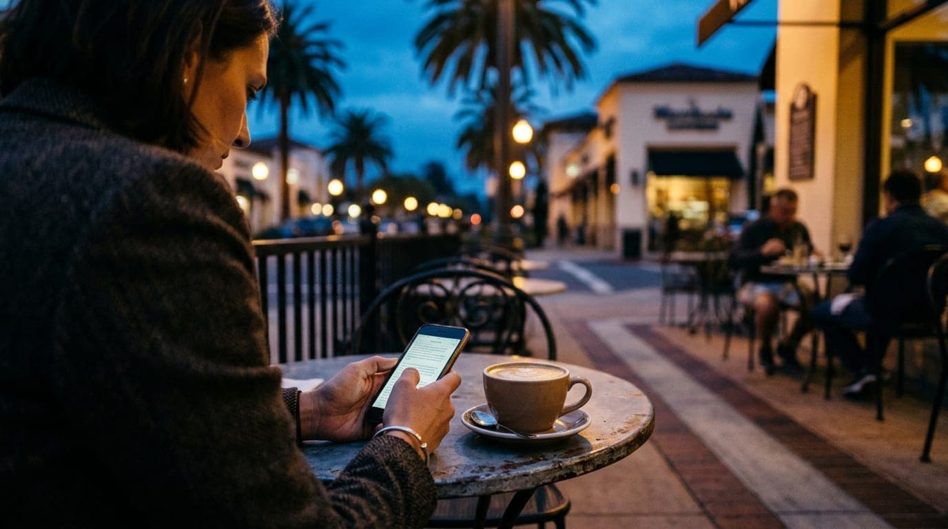 Blue hour tilt-shift focus on a woman holding a phone at a Victoria Gardens cafe, blurred palm trees and Mediterranean-sty...