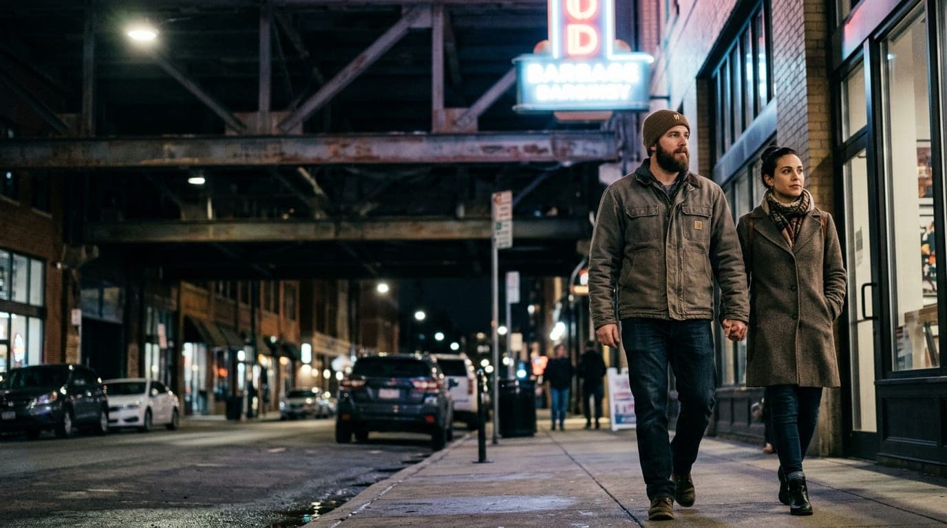 A low-angle 35mm documentary shot shows a couple walking past the glowing neon signage of Haven City Market at midnight. T...