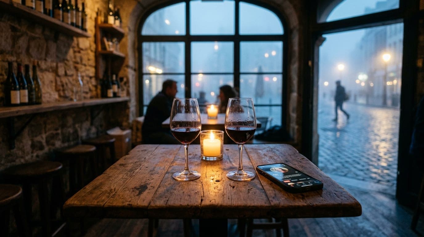A medium shot centered symmetrically on a wooden bistro table at a candle-lit wine bar. A smartphone showing a Feeld profi...