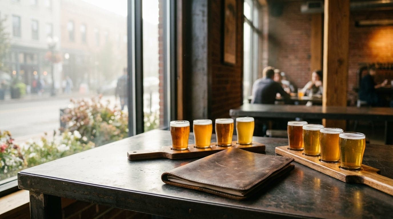 A close-up shot of a leather-bound menu and two craft beer flights resting on a dark, industrial metal table. Natural midd...