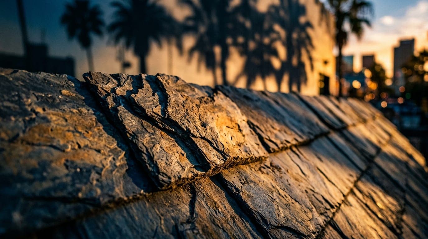 An extreme close-up macro of the jagged, sun-drenched slate tiles on a Haven City Market exterior wall at golden hour, wit...