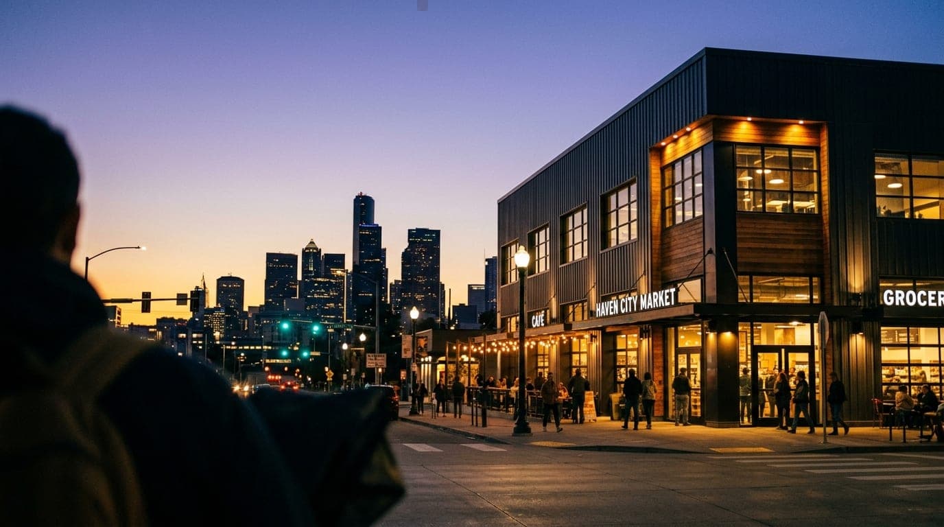 A 35mm wide shot captures the industrial-chic exterior of Haven City Market at blue hour. The illuminated metal facade sit...