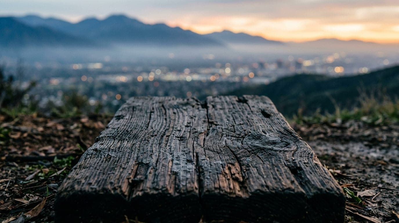 A 100mm macro overhead flat-lay captures the weathered, dark wood texture of a North Etiwanda Preserve trail marker at daw...