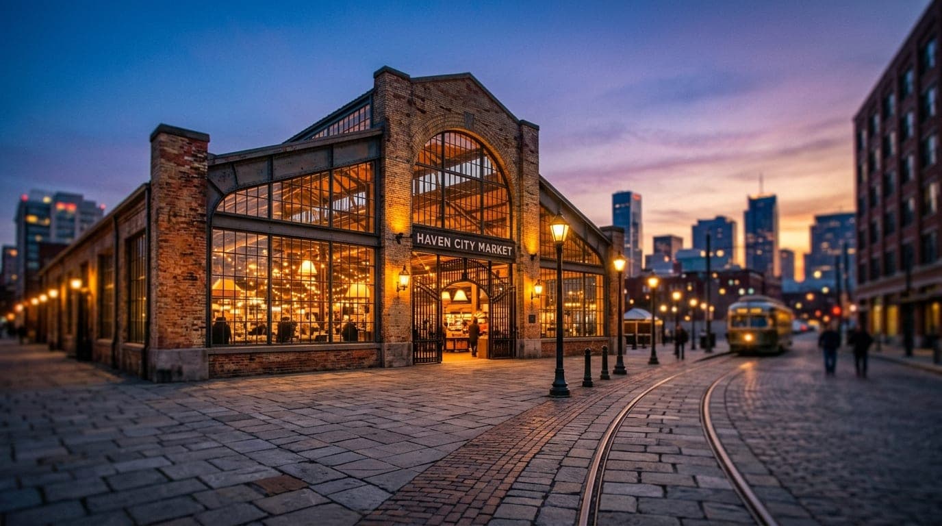 A wide-angle, tilt-shift shot of the Haven City Market entrance at dusk. Warm tungsten lights glow through industrial wind...