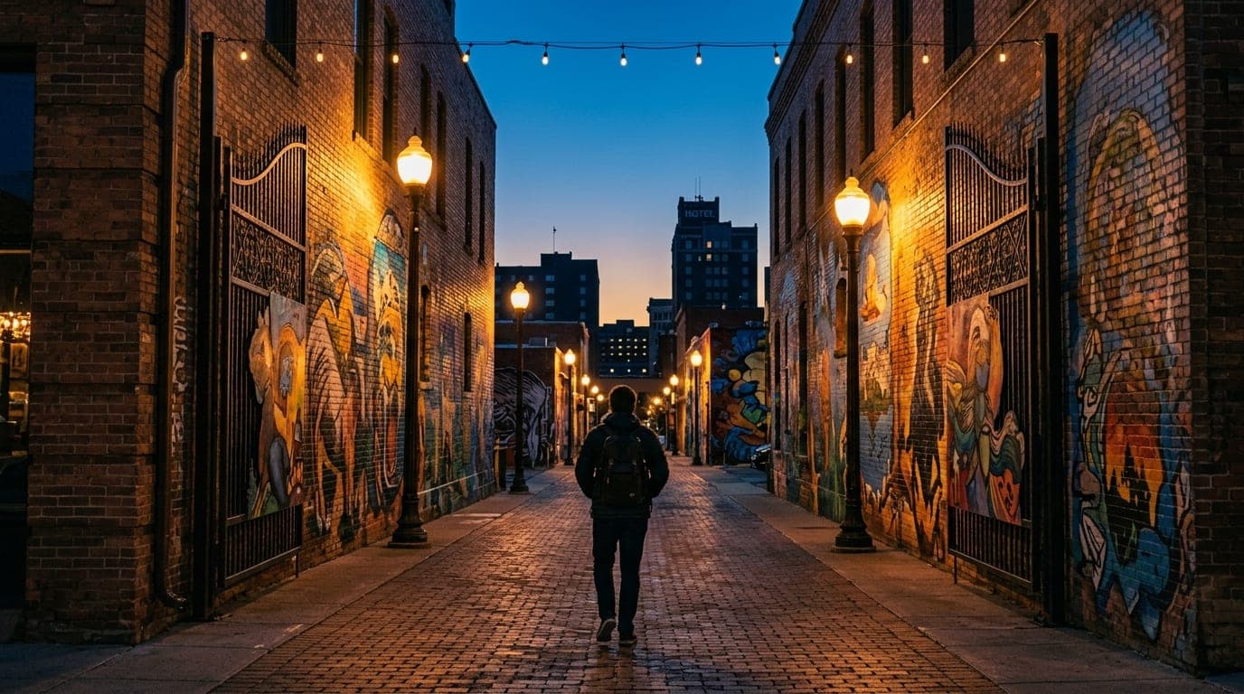 A 24mm wide-angle, centered shot of the Art Alley entrance at dusk. Glowing street lamps illuminate vibrant mural-covered...