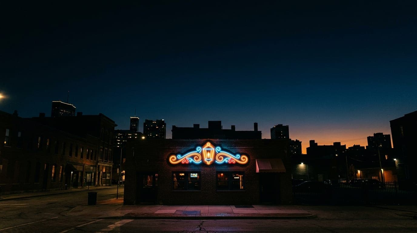 A low-angle, 50mm shot of the neon sign for a downtown tavern, glowing against a deep midnight sky. Negative space dominat...
