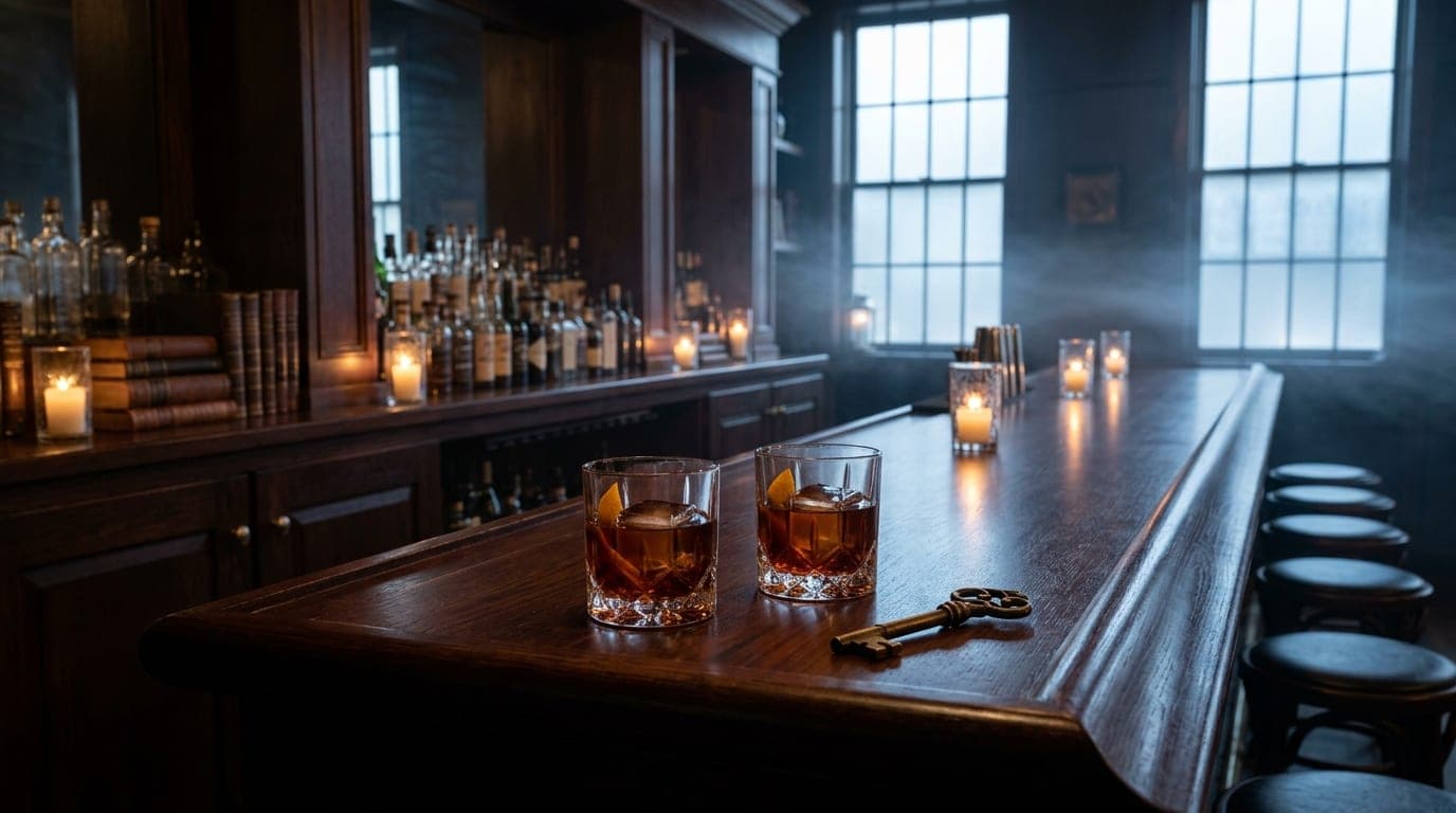Centered medium shot, 24mm wide-angle. A mahogany bar top at The Blind Lion features two crystal tumblers and a brass spea...