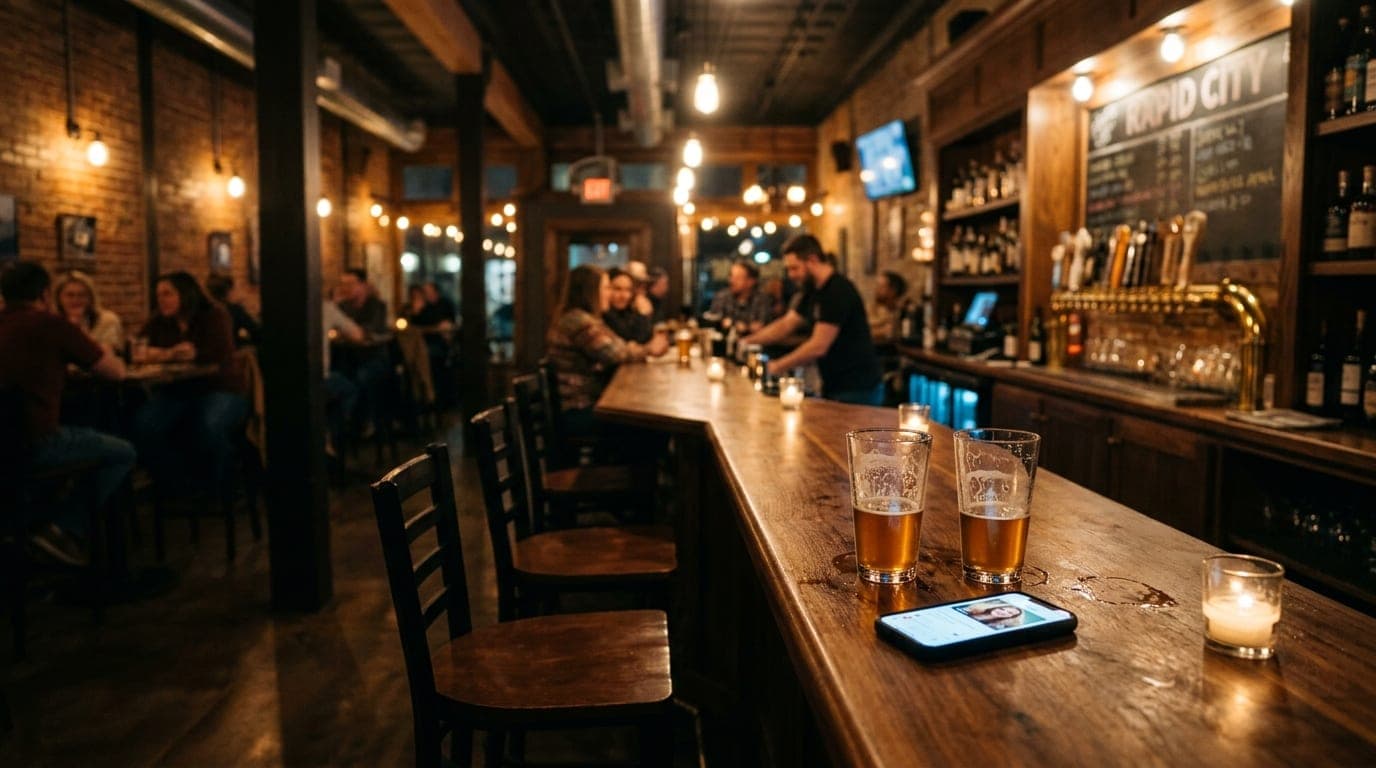 A wide-angle, tilt-shift shot of a moody downtown Rapid City brewery at night. Two bar stools face a polished wood counter...
