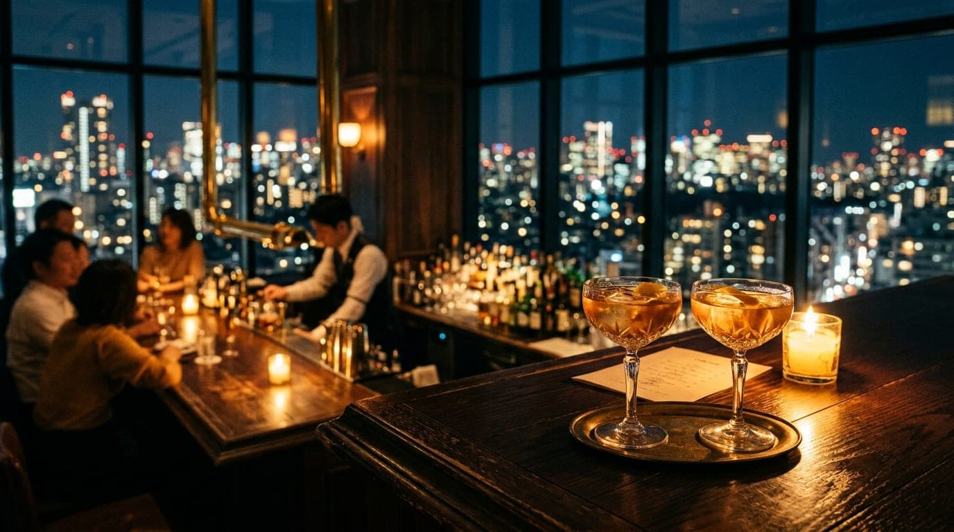 Medium shot, 35mm documentary, candle-lit interior of a sleek rooftop bar. Two crystal coupe glasses with half-poured gin...