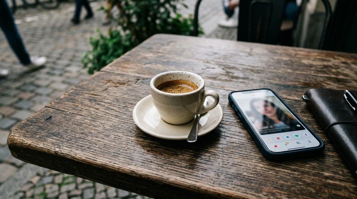 A tight 100mm macro shot on an overcast morning. An espresso cup rests on a rustic wood table at Harriet & Oak, with a sma...