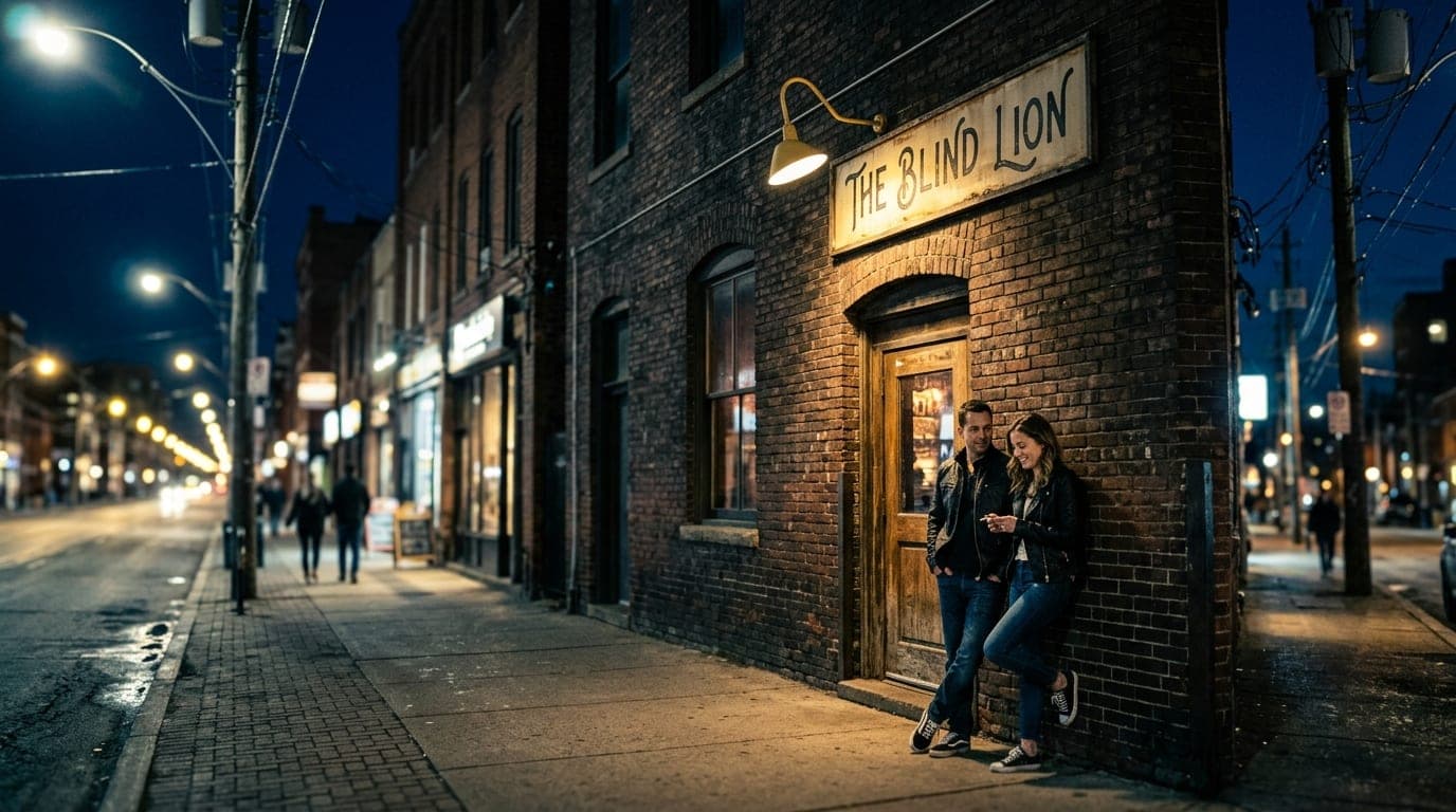 Wide establishing shot at night, tilt-shift focus on the dark brick facade of The Blind Lion. A couple in leather jackets...