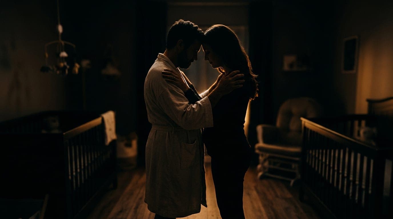 A low-angle shot of a couple standing in a dimly lit nursery, silhouettes pressed forehead to forehead. One wears a simple...