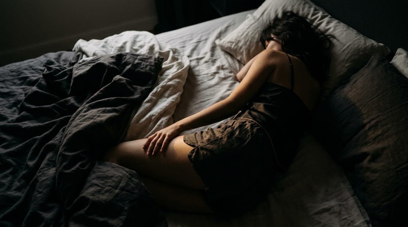 An overhead flat-lay of a woman in a silk camisole lying on unmade linen sheets. Soft morning light shadows her form, one...