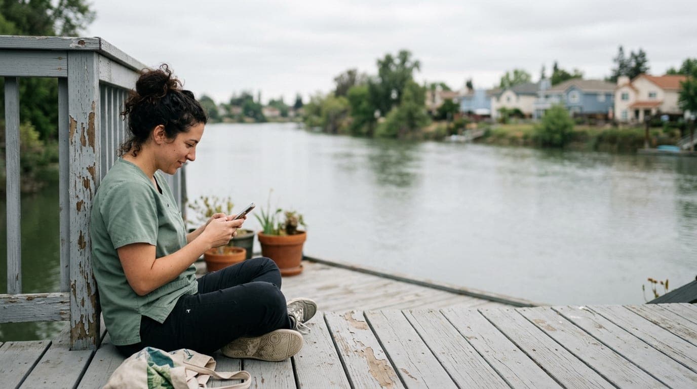 An 85mm portrait shot, overcast morning, showing a woman in a sage green scrub top sitting on a sun-bleached wooden deck o...