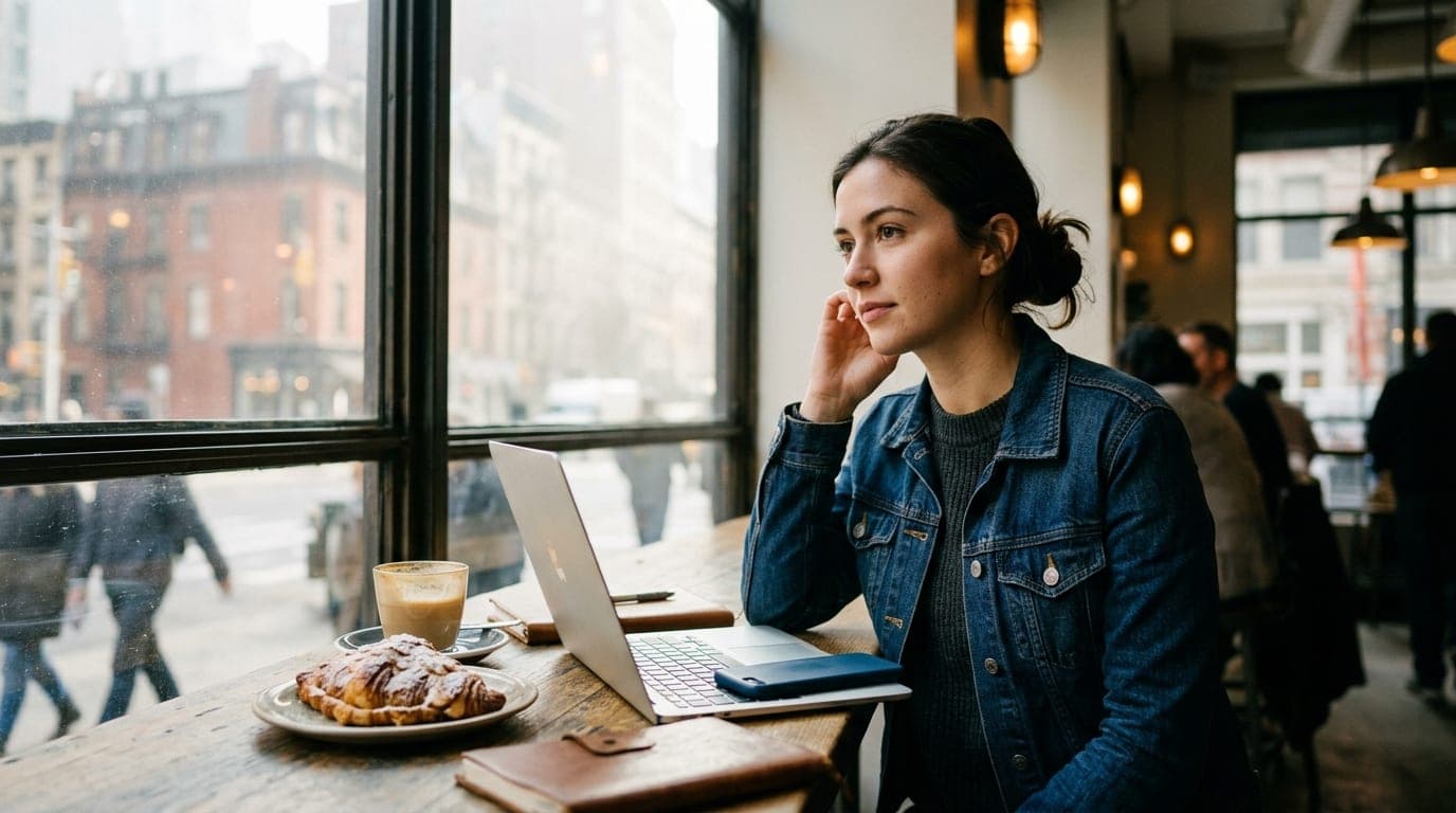 A woman in a casual denim jacket sits at a Midtown coffee shop table, her smartphone resting on an open laptop. Bright noo...
